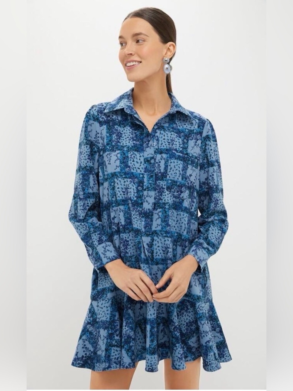 Tuckernuck Blue Trellis Vine Crepe Callahan Mini Long Sleeve Shirt Dress Size XL